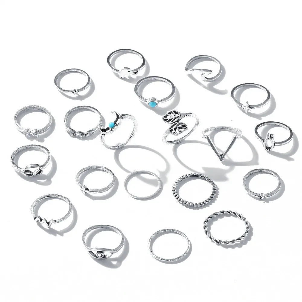 Tutaru - Women's Moon and Eyes King Combination Bohemian 20-Piece Ring