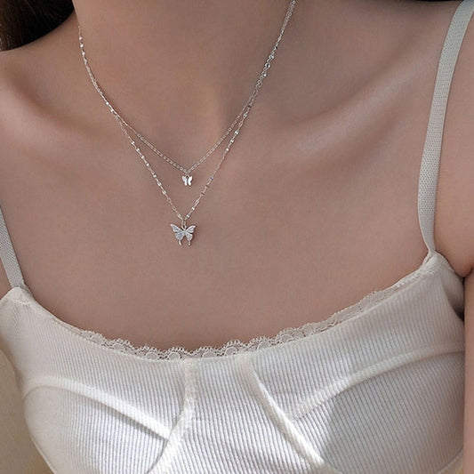 Tutaru - Butterfly Shiny Double Chain Clavicle Pendant Necklace